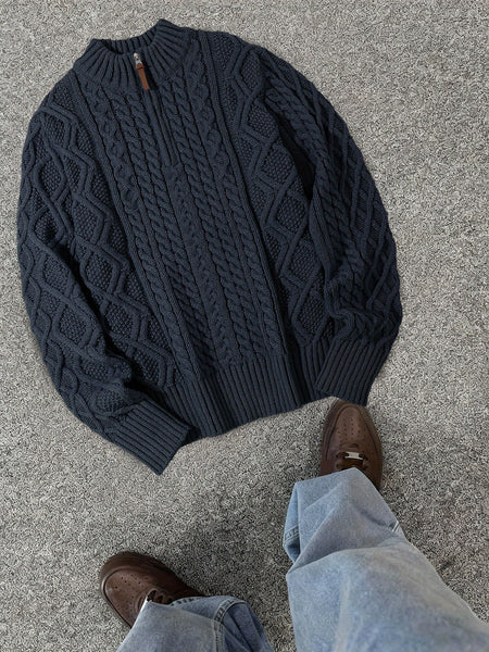2025 Winter American Stand-Up Collar Half-Zip Knit Aran Sweater Mr. Pony Knitwear Pullover Card
