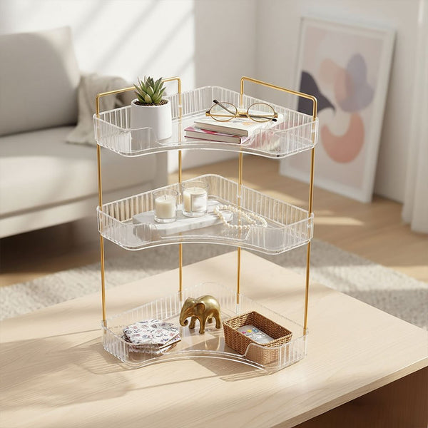 Transparent Triangular Storage Rack Golden Multi-layer, Cosmetic Layered Organizer Design, Suitable for Vanity Bedroom Bathroom, Corner Space Utilization Storage Skincare Products