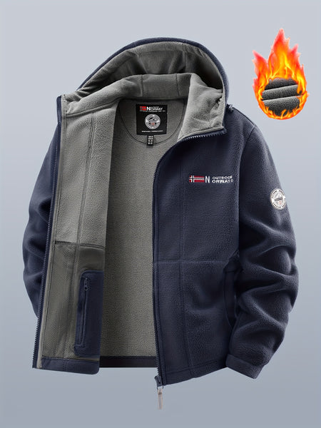 Men's winter fleece warm hooded jacket with thickened multiple pockets, windproof and cold proof jacket