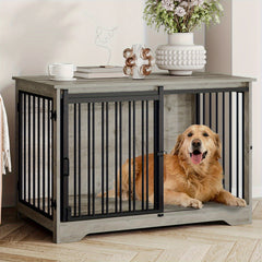 Dog Crate Furniture, 100.08cm Double Door Dog Crate with Barn Door, Dog Kennel Indoor, End Side Table Wooden Dog Crate for Small Medium Large Dog, Anti-Chew Anti-Escape, Greige, White