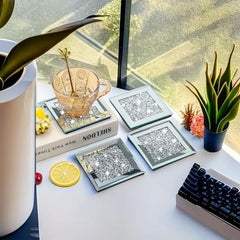 Set of 4 Square Crystal Coasters – 10cm Glass Mirrored Drink Coasters with Glitter Crushed Diamond Design – Elegant Coasters for Home, Kitchen, Bar, or Table Decoration