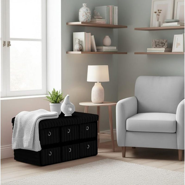 Terra 6 Drawer Folding Ottoman Storage Bench, Ribbed Faux Fur Rectangular Storage Box with Lid, Soft Upholstered Footstool for Bedroom, Hallway & Living Room, Clothes, Toy & Blanket Storage