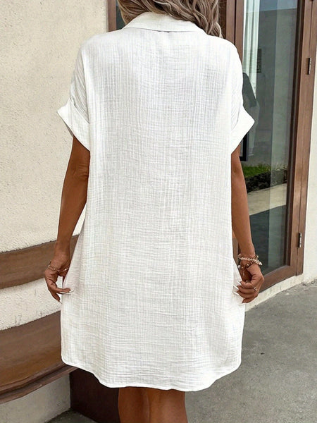 Women's Summer Lapel Collar Button- Shirt Dress - Short Sleeve Pocket Mini Dress with Pocket, Solid Color Pencil Suit Dress for Office, Semi-Formal Wear, Machine Washable Blouse Style Dress