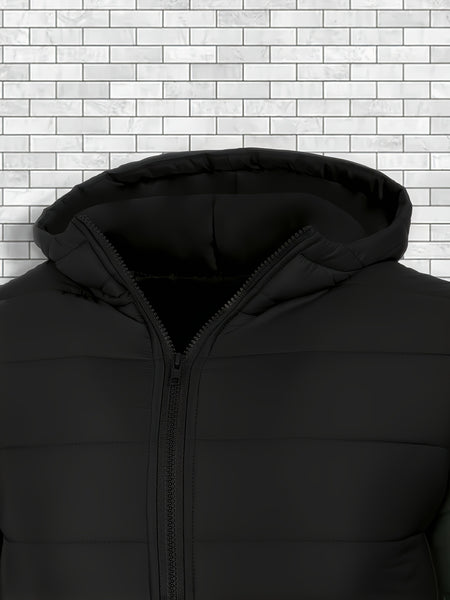 Men'S Outdoor Lightweight Thickened Hooded Windproof Quilted Solid Color Warm Coat