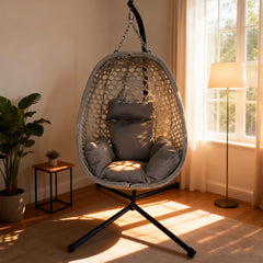 Garden Patio Swing Hanging Chair Hammock With Steel Stand Cushion Rattan Folded Dark Grey
