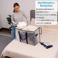 VENO 8 Pack Extra Large Moving Storage Bags with Zips, Heavy-Duty Organizer Tote, Moving Box Alternative, Packing Supply, Clothes Storage Bin, Tag Pocket for Label, Water-Resistant (Clear, 8 Pack)