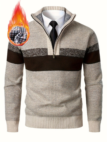 Men'S Thickened Knitted Pullover Sweater with a Color Block Design And Stand Collar, Made from Plus Velvet