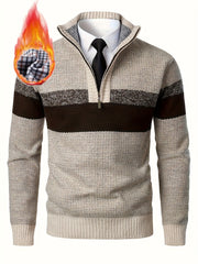 Men'S Thickened Knitted Pullover Sweater with a Color Block Design And Stand Collar, Made from Plus Velvet