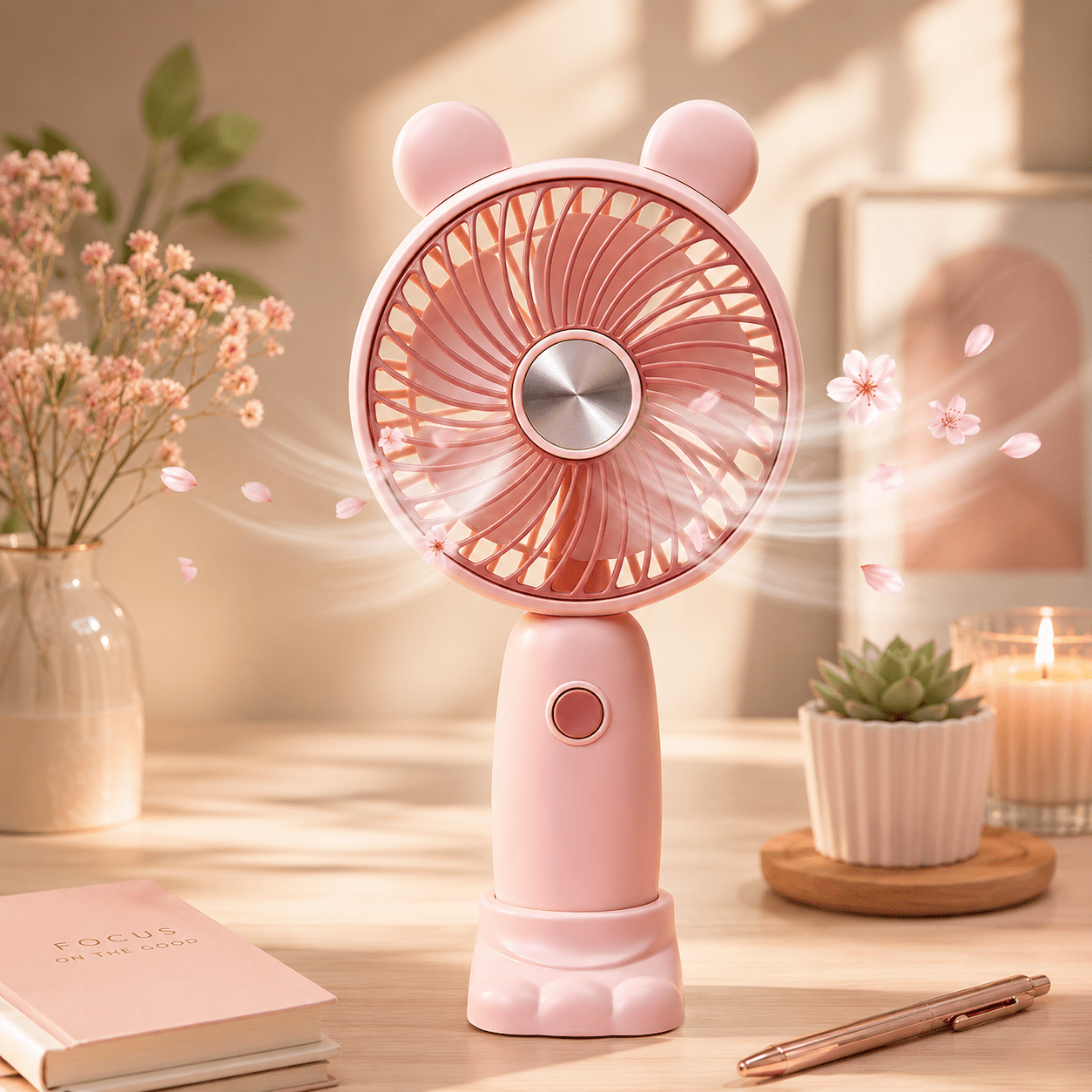 USB-C Rechargeable Fan detachable ears with LED Light & One-Button Control – Quiet, Portable, and Easy to Use