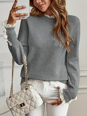 Ladies' Pullover with Lace Trim at The Cuffs And Neckline, a Casual And Elegant Sweater Top