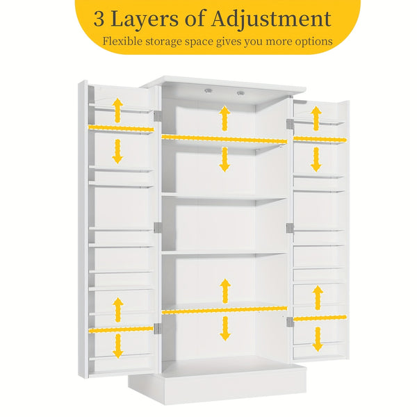 Modern White Wooden Kitchen Pantry Cabinet with Doors & Adjustable Shelves – Spacious Storage Organizer for Dishes, Utensils, and Food in the Kitchen, Living Room, or Dining Area, Kitchen Organizers And Storage