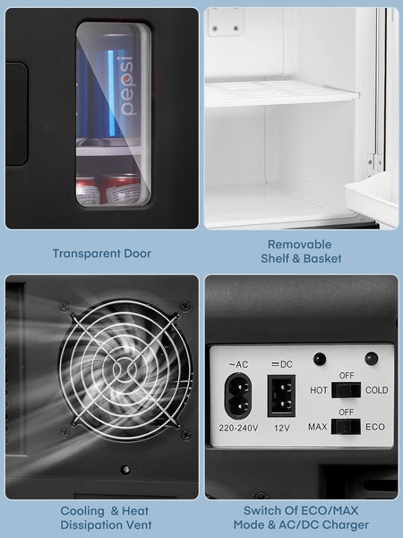 Mini Fridge for Bedrooms, 15 Liter /21 Cans Portable Small Fridge, AC+DC Power Car, Office, Thermoelectric Cooler & Warmer Skincare for Food, Drinks, Cosmetics, Max & ECO Mode, Black