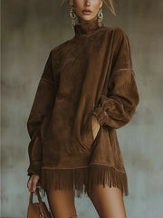 A High-Neck Dress for Women Featuring Fringes, a Loose Fit, Long Sleeves, And Pockets. This Bohemian-Style Skirt Is Perfect for The Relaxed Fashion of Autumn And Winter. It'S Great for Street Style, Holiday Trips