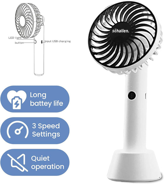 Schallen Black Small Hand Held Travel Fan Mini Portable Handheld Fan USB Rechargeable Battery Powered Electric Travel Cooling Fan Lightweight Personal Pocket Fan with 3 Speed Settings Quiet Operation 1200mAh Long Battery Life Summer Cooling Fan for Home O