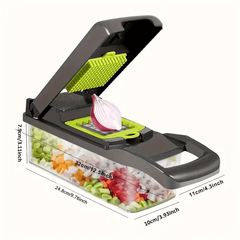 A Multifunctional 16-In-1 Food Chopper, Including a Vegetable Chopper, Onion Chopper, Vegetable Slicer, Dicer, And More, Equipped with 8 Blades, a Strainer Basket, And Containers for Salad, Potatoes, Carrots, And Garlic, Along with a Drainage Basket