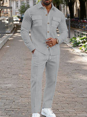 Spring And Autumn Men's Long Sleeved Pants with A Sense Of Luxury And Retro Temperament Featuring Lapel Pockets And Button Long Sleeved Jackets And Versatile Casual Pants Men's 2pcs Clothing Set