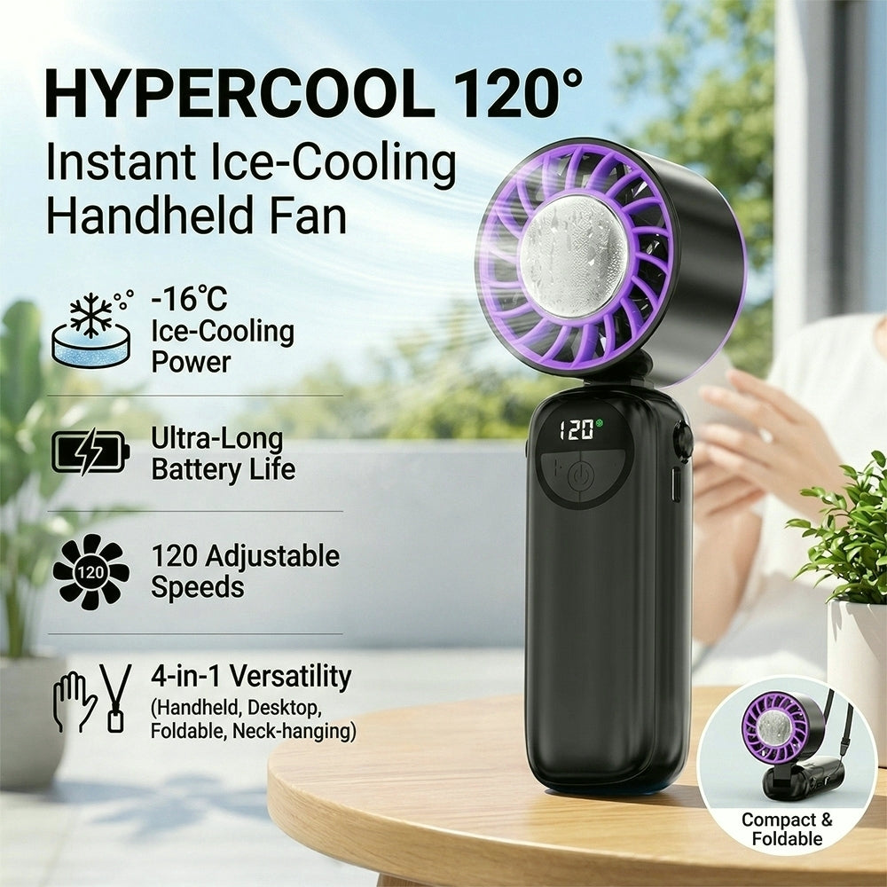 3-in-1 Rechargeable Handheld Fan with 120-Speed Control and LED Battery Indicator, Turbo-Powered Foldable Neck and Desk Fan for Instant Cooling, Portable USB Fan for Summer Camping Hiking Office and Daily Use