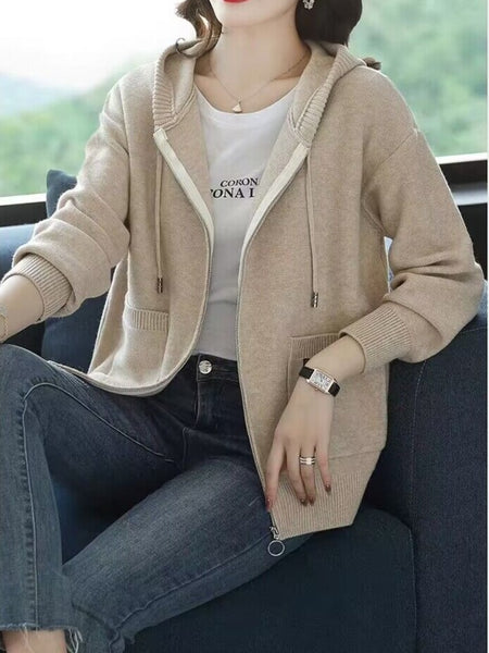Women's New Fashionable Hooded Sweater, Outerwear with Hood, Cashmere Cardigan Autumn Wear, Drawstring Hood Design, Loose Fit, Cashmere Fabric Texture, Suitable for Women Who Pursue Comfort, Fashion and Warmth.