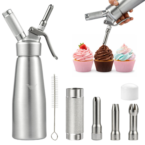 500ml butter whipper with 3 decorative nozzles. Professional butter whipper suitable for cakes, desserts, coffee, milkshakes, and home baking.