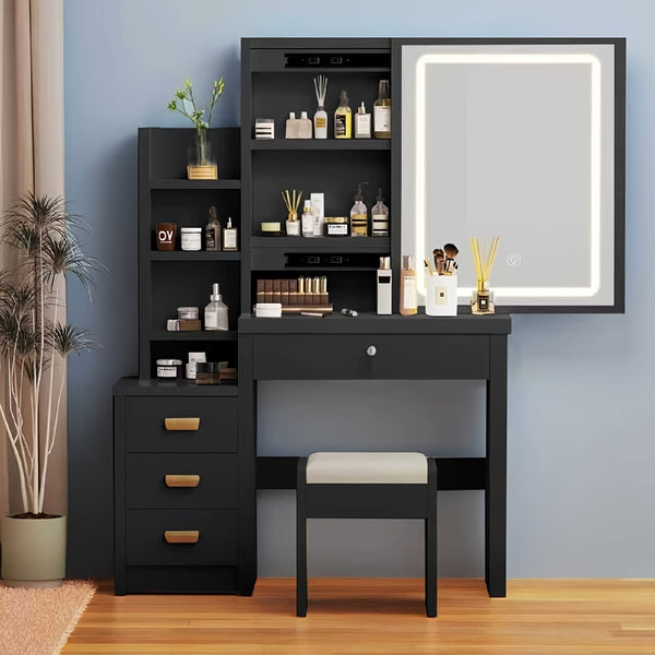 Dressing Table with LED Lights And Adjustable Brightness, Vanity Desk with Mirror, 4 Drawers, 6 Hidden Shelves, And Stool, Makeup Desk for Bedroom, Modern Makeup Table with Mirror And Chair (White)
