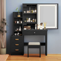 Dressing Table with LED Lights And Adjustable Brightness, Vanity Desk with Mirror, 4 Drawers, 6 Hidden Shelves, And Stool, Makeup Desk for Bedroom, Modern Makeup Table with Mirror And Chair (White)