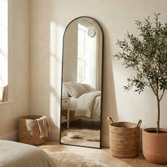 Arched Full-Length Standing Mirror with Magnifying Mirror, Tempered Glass, 160 x 50 cm, Black