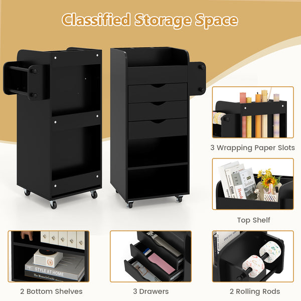 GOFLAME Rolling Storage Cart, Mobile Storage Cabinet with 3 Drawers, 2 Open Shelves, 2 Dowel Rods, Craft Utility Cart for Home, Office, Kitchen, Bathroom