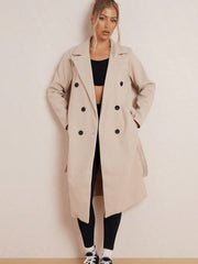 Women's Classy Solid Color Double Breasted Detachable Belted Pocket Pea Coat, Lapel Neck Long Sleeve Outerwear for Fall & Winter