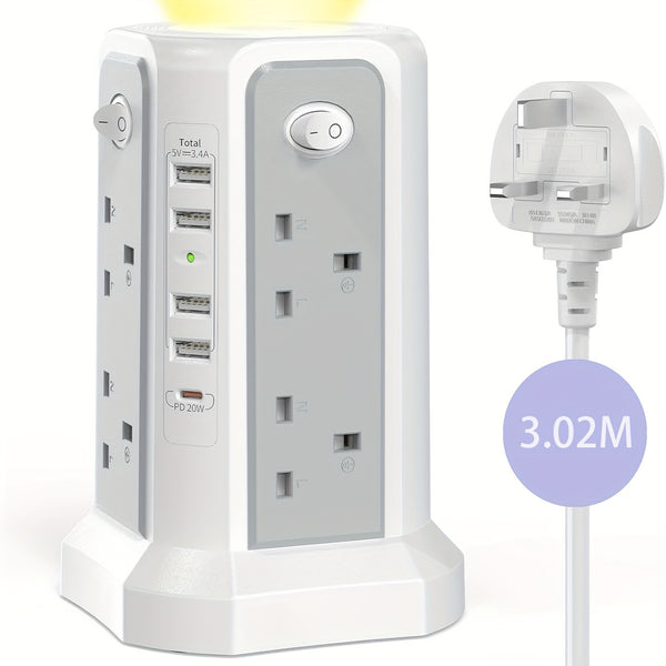 Upgraded New Product Tower Extension Lead with USB Slots 3.02m, 20W Fast Charger with Night Light, (13A 3250W)5 USB Ports & 8 Way, Surge Protected Extension Lead with 4 Independent Switch, Extension Cable for Home Office for Business for Factory