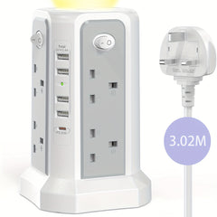 Upgraded New Product Tower Extension Lead with USB Slots 3.02m, 20W Fast Charger with Night Light, (13A 3250W)5 USB Ports & 8 Way, Surge Protected Extension Lead with 4 Independent Switch, Extension Cable for Home Office for Business for Factory