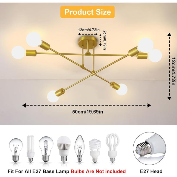 6-Light Modern Gold Sputnik Chandelier, Industrial Semi Flush Mount Ceiling Light Fixture, E27 Hardwired Metal Lamp for Living Room Dining Room