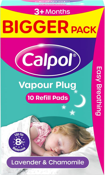 Calpol Vapour Plug Refills XL 10 Count (Pack of 1), Lavender & Chamomile, Helps with Clear and Easy Breathing, Vapour Plug in & Nightlight Refill Pads for Soothing 8 Hour Night-Time, 3+ Months