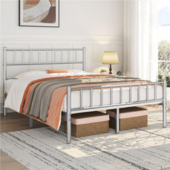 Costoffs Metal Bed Frame, Single/Double Size Bed Platform with Slatted Headboard and Footboard, Solid Slat Support, Large Storage Space, Easy Assembly Bed, Modern Mattress Foundation, Black/White/Pink/Silver