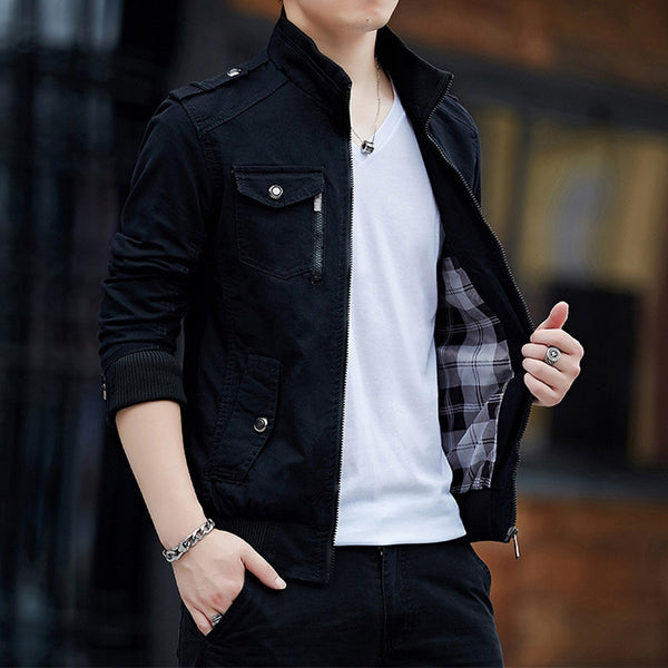 Men'S Solid Color Plaid Lining Cargo Jacket Autumn And Winter Multi-Pocket Design Stylish Long Sleeve Stand Collar Street Jacket Outdoor Coat Locomotive Jacket