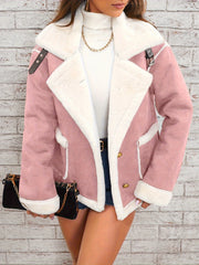 Women's Elegant Lapel Collar Plush Jacket with White Fur-Like Trim - Winter Warm Coat, Structured Fit Front Button Closure, Hand Washable Outerwear for Daily Travel & Holiday Outfits (Solid Color, Autumn/Winter) - Versatile Casual to Semi-Formal Wear