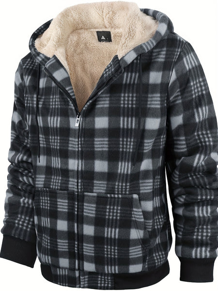 Men's Heavyweight -Lined Hooded Jacket - Full-Zip Plaid Thickened Shirt with Pockets and Adjustable Drawstring, Comfortable and Warm for Autumn and Winter