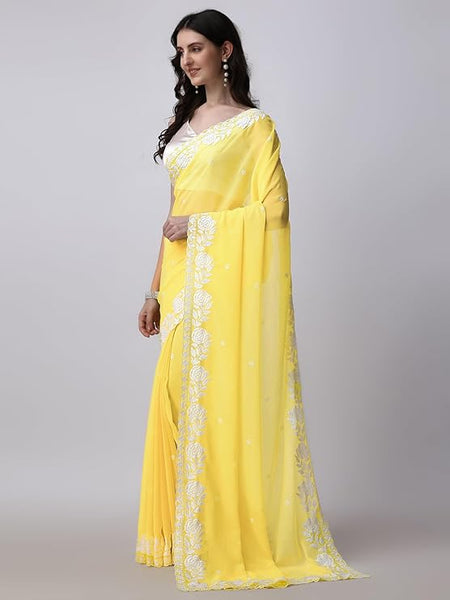 Estationeryhouse Women's Georgette Embroidery Border Work Designer Saree with Blouse Piece