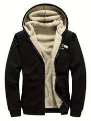 Men's Casual Zip-Up Hooded Jacket with Letter Print, Black & Beige Contrast, Regular Fit, Machine Washable, Front Pockets for Outdoor & Casual Attire