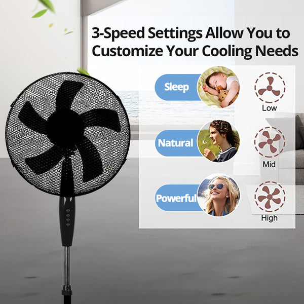 16inch Oscillating Pedestal Floor Fan 39W Standing Cooling 3 Speed Cool Air Setting 5-Blade Black