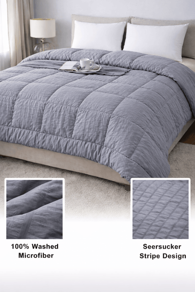 Luxury Washed Microfibre Seersucker Comforter Duvet Quilt – Soft & Lightweight All Season Bedding – White & Grey – Single, Double & King Size