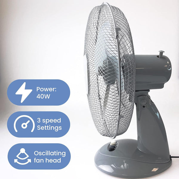 Schallen 16 Inch Electric Desk Fan Oscillating Table Fan 3 Speed Quiet Cooling Fan Adjustable Head Worktop Office Home Bedroom Air Circulator Fan Modern Design Portable Electric Desk Fan White Black or Grey UK Plug Summer Cooling Fan