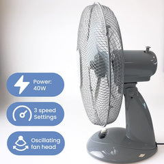 Schallen 16 Inch Electric Desk Fan Oscillating Table Fan 3 Speed Quiet Cooling Fan Adjustable Head Worktop Office Home Bedroom Air Circulator Fan Modern Design Portable Electric Desk Fan White Black or Grey UK Plug Summer Cooling Fan