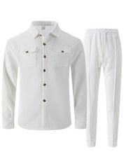 Men's Two-Piece Set, Autumn-Winter Casual Fashion Beach Dual Pocket Turn Collar Long Sleeve Shirt + Trousers Outfit for Fall/Winter Hawaiian Vacation