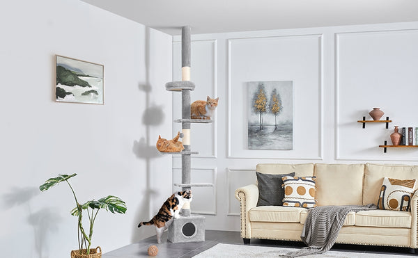 Costoffs Cat Tree, Floor-to-Ceiling Cat Tree Tower, 226-266cm Adjustable Large Height Cat Tree, Tall Cat Tree with 4 Perches and Scratching Posts For Small Medium-Sized Cats
