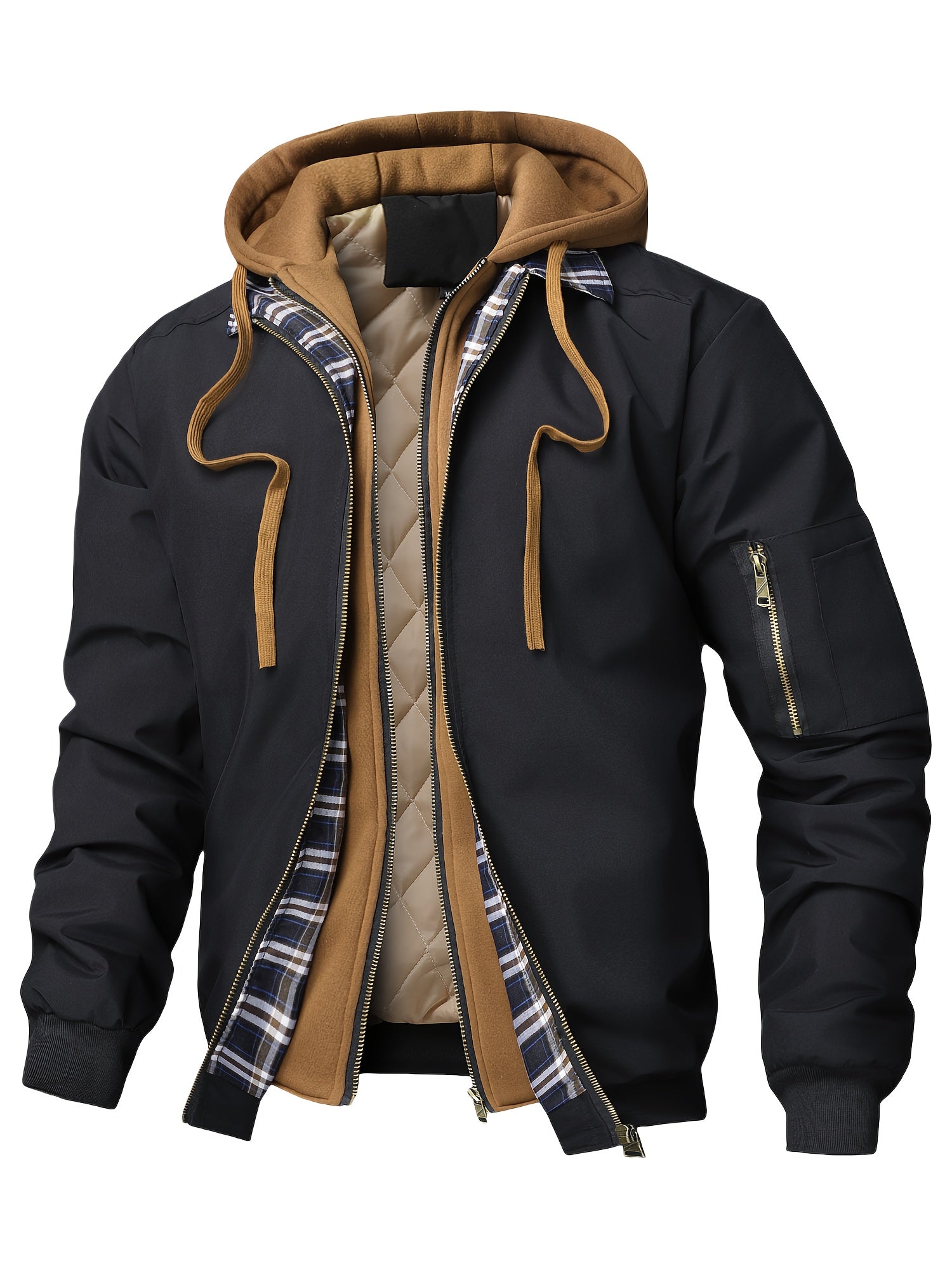 Men'S Plaid Hooded Zip-Up Jacket - Casual Loose Fit, Brown & Black Checkered Pattern, Drawstring Hood, Long Sleeves, Polyester Lining, Perfect for Spring, Fall & Winter, Autumn Winter Jacket | Plaid Pattern Jacket | Zippered Jacket