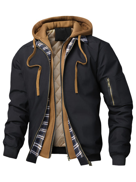Men'S Plaid Hooded Zip-Up Jacket - Casual Loose Fit, Brown & Black Checkered Pattern, Drawstring Hood, Long Sleeves, Polyester Lining, Perfect for Spring, Fall & Winter, Autumn Winter Jacket | Plaid Pattern Jacket | Zippered Jacket