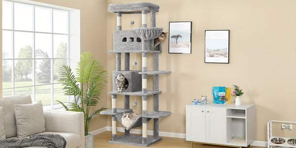 Cat Tree for Indoor Cats, 210cm Large Tall Cat Tower, Multi-Level Cats House with Condo, 8 Scratching Posts, Hammock, 4 Pom Poms