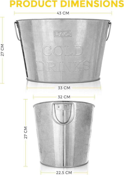 LIVIVO Galvanised Steel 24L Drinks Ice Cool Bucket with Handles - Great for Parties, BBQs and Bars Cooling Bottles, Cans of Beer or Soft Drinks
