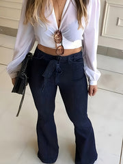Ladies' Elegant Style Features High-Waisted Elastic Casual Pants, Complete with a Belt And Original Color Flared Trousers