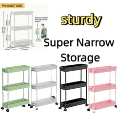 3-Tier Slim Rolling Storage Cart with Narrow Space-Saving & Heavy-Duty Plastic Shelving Unit - Mobile Utility Cart Suitable for Kitchen, Bathroom, Laundry Room, Office - Assembly, No Metal Parts, Lightweight Shelving Unit, Standing Shelf